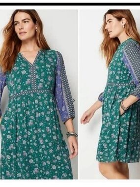 Floral Green Boho V-Neck Dress with Contrasting Sleeves J.Jill peasant